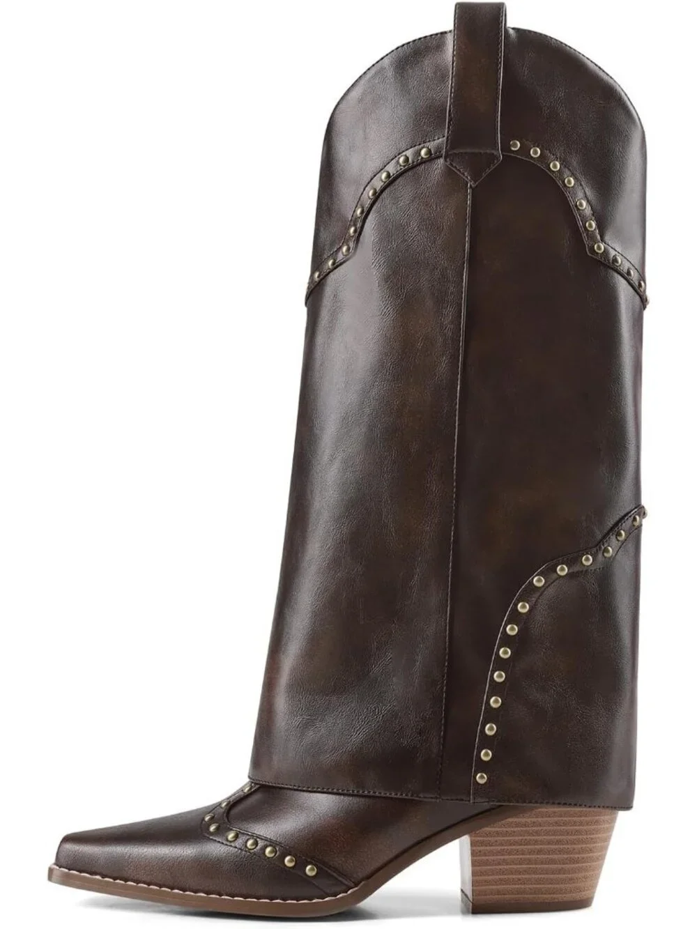 Women's Dark Brown Faux Leather Over Boot Knee High Chunky Heel Cowgirl Boot